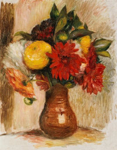 Buket blomster i en stenkande af Pierre Auguste Renoir