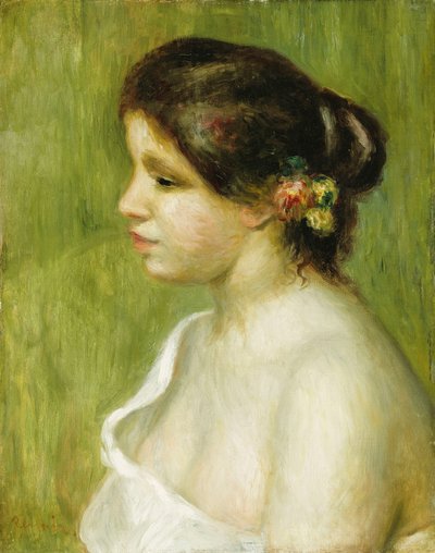 Buste af en ung pige med blomster, der dekorerer hendes øre, 1898 af Pierre Auguste Renoir
