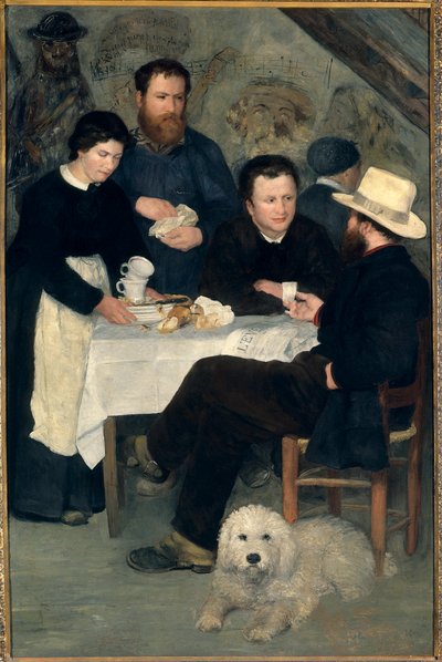 Chez la Mere Antony a Marlotte (Bourron-Marlotte (77)): Claude Monet, Alfred Sisley og Charles Le Coeur rundt om bordet med Mere Anthony, Maleri af Pierre Auguste Renoir (1841-1919) af Pierre Auguste Renoir
