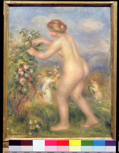 Kvindelige nøgen plukker blomster af Pierre Auguste Renoir