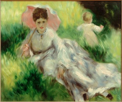 Kvinde med parasol og barn på en solrig skråning af Pierre Auguste Renoir