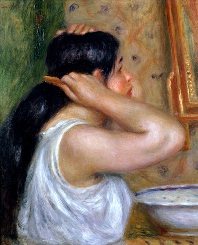 Pige kæmmer sit hår, 1907-8 af Pierre Auguste Renoir