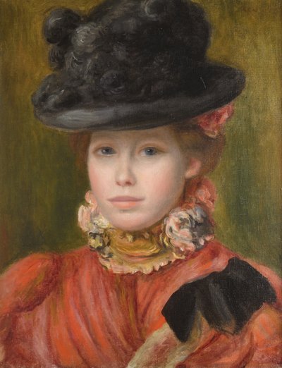 Pige i sort hat med røde blomster, ca. 1890 af Pierre Auguste Renoir