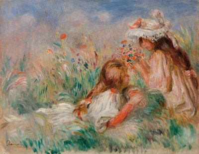 Piger i græsset arrangerer en buket af Pierre-Auguste Renoir