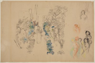 Landskab og figurer (blyant, blæk, wc og farveblyant på papir) af Pierre Auguste Renoir