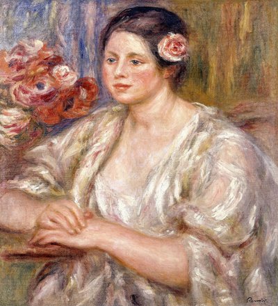 Madeleine i en hvid bluse og buket blomster, ca. 1915-1919 af Pierre Auguste Renoir