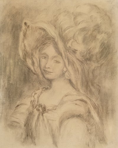 Mme Dieterle i en hat, ca. 1896 (kul på papir) af Pierre Auguste Renoir