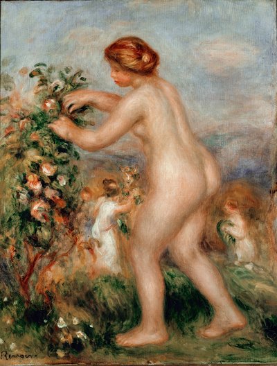 Ode til blomster. Nøgen kvinde ceuillating roser har et rosentræ. Maleri af Pierre Auguste Renoir (Pierre-Auguste af Pierre Auguste Renoir
