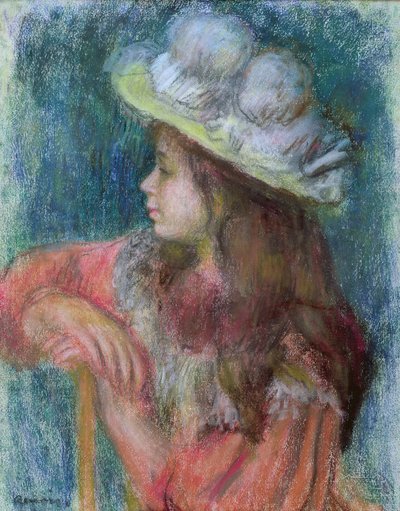 Siddende ung pige i en hvid hat, 1884 (pastel på papir) af Pierre Auguste Renoir