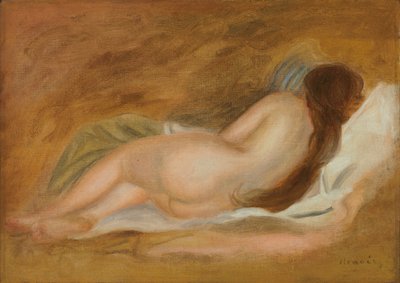 Sovende nøgen, set bagfra, okker baggrund; Nøgen sofa, set bagfra, på en okker baggrund, ca. 1885 af Pierre Auguste Renoir