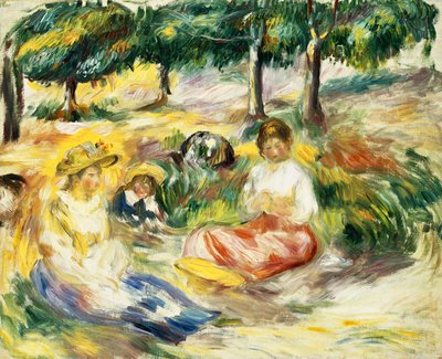 Tre piger, der sidder på græsset; Tre unge piger siddende på græsset, 1896-1897 af Pierre Auguste Renoir