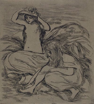 Two Women Bathing, ca. 1895 (radering på brunligt vævet papir) af Pierre Auguste Renoir