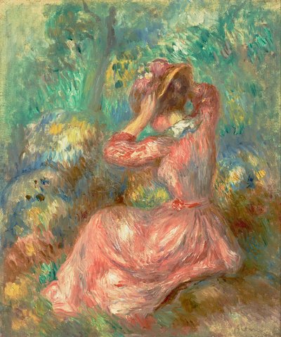 Kvinde arrangerer sin hat 1890 (Olie på lærred) af Pierre Auguste Renoir