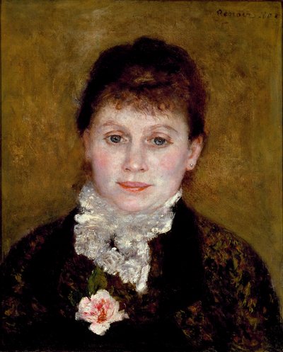 Kvinde har en hvid krave. Portræt af en kvinde med en rose af Pierre Auguste Renoir