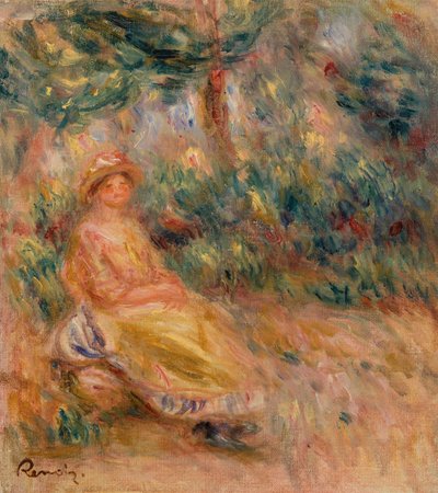 Kvinde i lyserød og gul i et landskab af Pierre Auguste Renoir