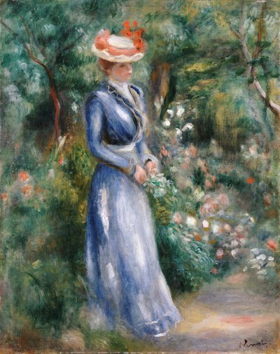 Kvinde i en blå kjole står i haven ved Saint-Cloud af Pierre Auguste Renoir