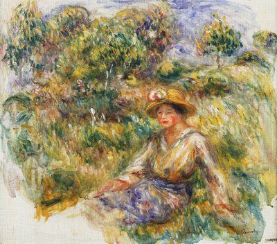Kvinde i en blå hat sidder på græsset; Kvinde i blåt i hat sidder på græsset, ca. 1916 af Pierre Auguste Renoir