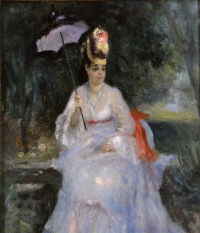 Kvinde med parasol siddende i en have, 1872 af Pierre Auguste Renoir