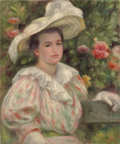 Ung pige blandt blomster eller kvinde med hvid hat; Ung pige i guldblomster Kvinde i hvid hat, ca. 1895 af Pierre Auguste Renoir