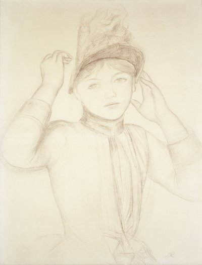 Ung kvinde arrangerer sin hat; Ung pige justerer sin hat, ca. 1885 af Pierre Auguste Renoir
