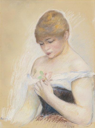 Ung Kvinde Holder En Blomst. Portræt af skuespillerinden Jeanne Samary, ca. 1880 af Pierre Auguste Renoir
