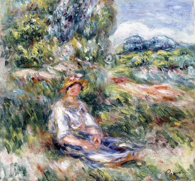 Ung kvinde sidder på en eng, af Pierre Auguste Renoir