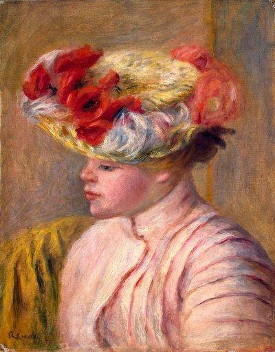 Ung kvinde i en blomstret hat, 1892. af Pierre Auguste Renoir