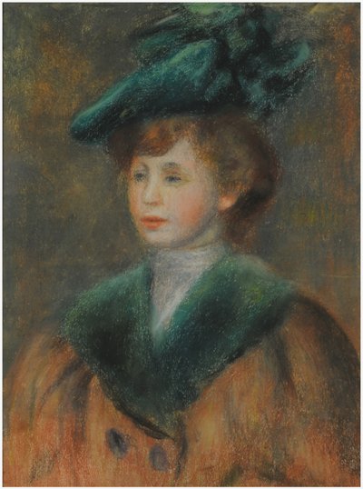 Ung kvinde med en grøn hat (pastel på papir) af Pierre Auguste Renoir
