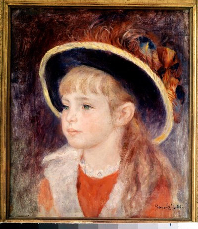 Ung pige med en blå hat: portræt af Jeanne (Jane) Henriot (1878-1900), død brulee i live i branden fra Comedie Francaise den 9. marts af Pierre Auguste Renoir