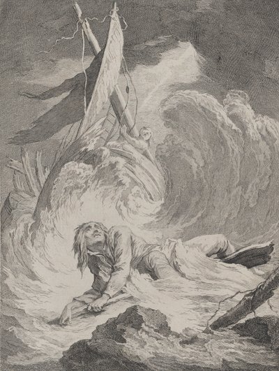 Lazarille ved sin hjemkomst fra Indien er skibbruden..., ca. 1717-60. af Pierre Aveline