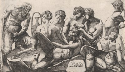 Otte Satyrer og Satyrinder, der afslutter et Måltid, 1607-61. af Pierre Biard