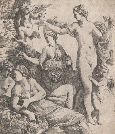 Venus, stående med de tre Gracer, tilbydes en blomst fra en putto, 1607-61. af Pierre Biard