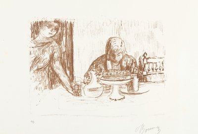 Mand og kvinde ved et dækket bord med fade og karaffel La coupe et le compotier af Pierre Bonnard (signed by artist)