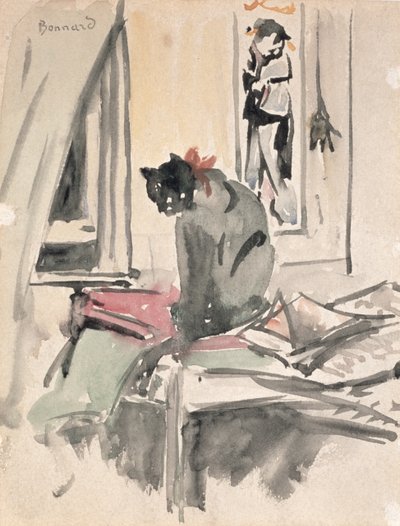 Kat, der sidder ved et vindue (wc på papir) af Pierre Bonnard