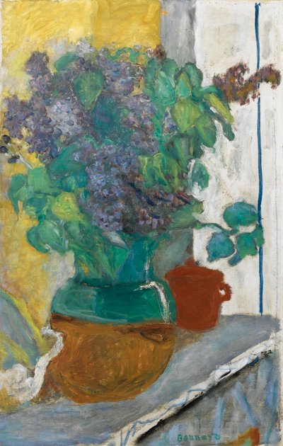 Fransk: Lilas mauve dans un vase de terre jaune et vert af Pierre Bonnard