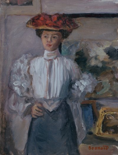 Pige med en hat (olie på lærred) af Pierre Bonnard