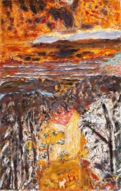 Landskab, det lyserøde hus, solnedgang; Landskab, Det lyserøde hus, solnedgang, ca. 1934 (olie på lærred) af Pierre Bonnard