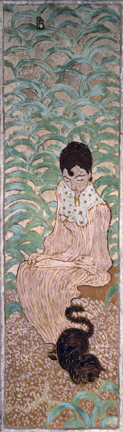 Siddende kvinde med en kat, et af fire paneler af kvinder i haven, 1891 (olie på papir på lærred) af Pierre Bonnard