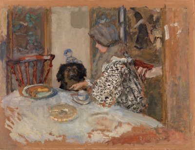 Kvinde med hund, eller kvinde og hund ved bordet af Pierre Bonnard