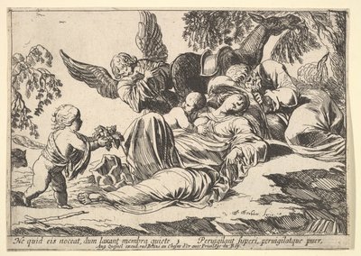 Engle giver frugt til den sovende hellige familie, 1610-42. af Pierre Brebiette