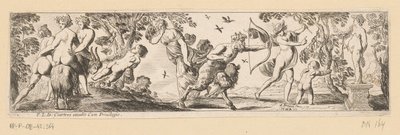 Satyr skyder en pil mod en statue af Bacchus, mens Merkur ser på af Pierre Brebiette