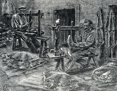 Håndværkere, der plejer fåreskindene Gravering fra "Excursion a travers les metiers" af Pierre Calmette Private Collection af Pierre Calmettes