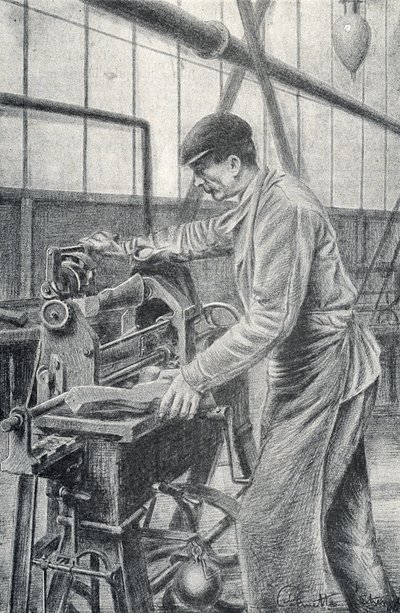 Skæring af riffelkolber i en våbenfabrik Gravering fra Pierre Calmette Private Collection af Pierre Calmettes