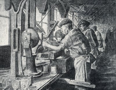 Skæreværksted ved krystalglasfremstillingen i Sevres nær Paris Gravering fra "Excursion a travers les metiers" af Pierre Calmette Private Collection af Pierre Calmettes