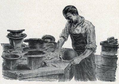 Hattemager: fastspænding af kanterne på en bowlerhat (fremstilling af en bowlerhat) Indgravering fra "Excursion a travers les metiers" af Pierre Calmette Private Collection af Pierre Calmettes
