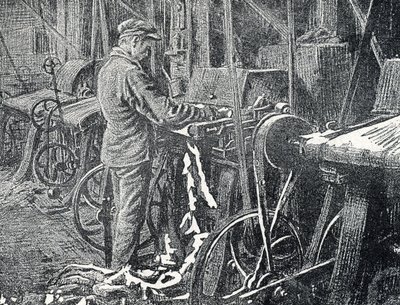 Læderindustri: mekanisk klipning af pelse Gravering fra "Excursion a travers les metiers" af Pierre Calmette Private Collection af Pierre Calmettes
