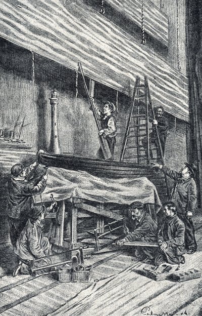 Ejendomsmestre: opsætning af scenesæt før forestillingen Gravering fra "Excursion a travers les metiers" af Pierre Calmette Private Collection af Pierre Calmettes