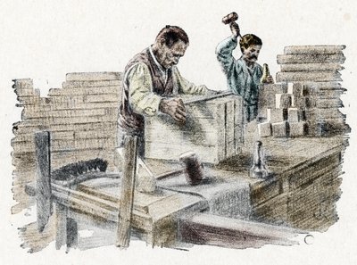 Savonnerie: le découpage des breads de soap (fremstilling af sæbestykker) Gravering fra "Excursion through the trades" af Pierre Calmette Privat samling af Pierre Calmettes
