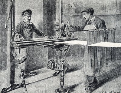 Silkeværksted: forberedelse af kæden ved mappen (Silkearbejde) Gravering hentet fra "Excursion through the metiers" af Pierre Calmette Private Collection af Pierre Calmettes
