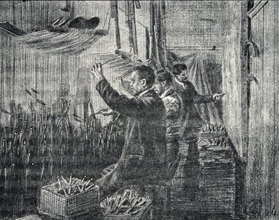 Tapestry of Aubusson: polstrerne arbejder på hovedet Gravering fra "Excursion a travers les metiers" af Pierre Calmette Collection privee af Pierre Calmettes